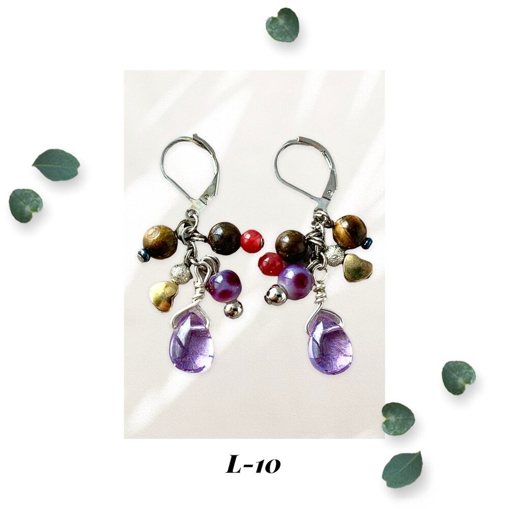 Lilac Glass Cluster Earrings - Gold Heart - Tigereye and Glass Teardrop